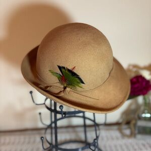 Vintage Geo W. Bollman 100% Wool Felt Hat with feathers. Tan/Camel. Made in USA